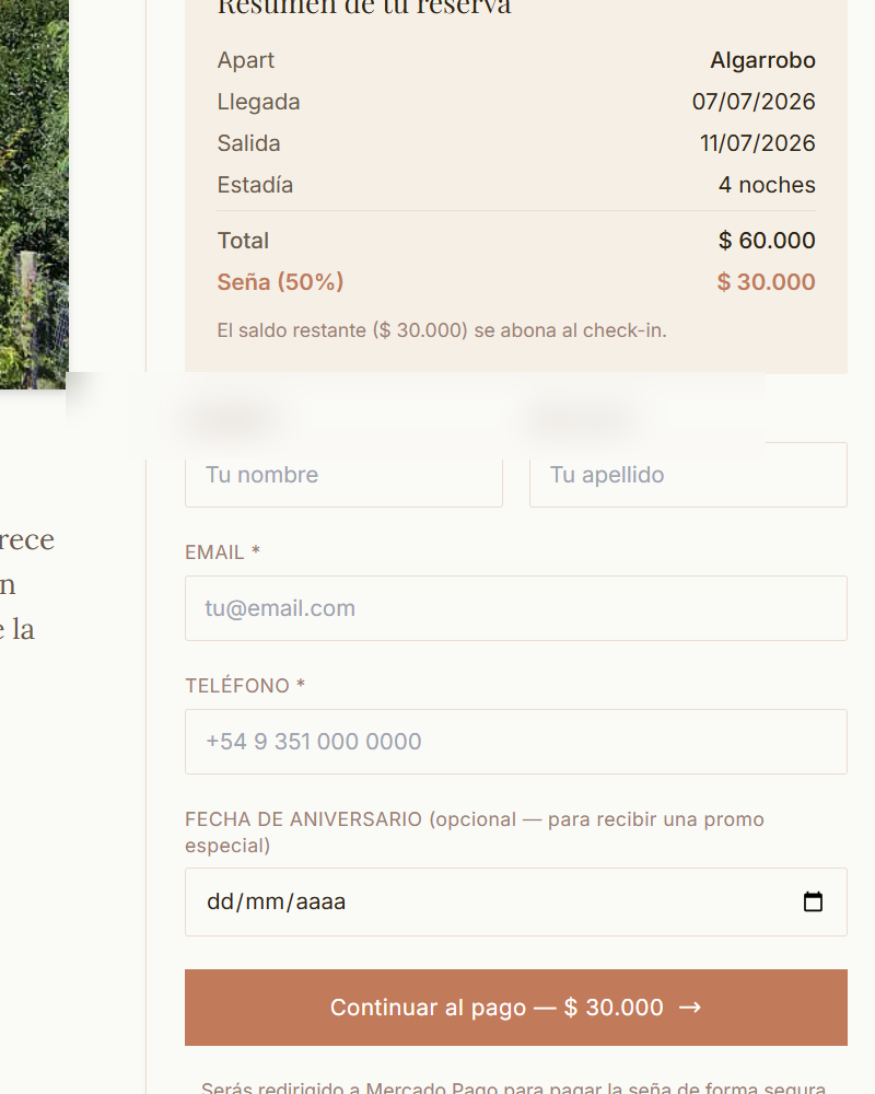 Reserva y pago de seña online